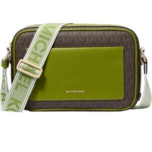 Michael Kors Brown MK Logo Crossbody with Olive Green Front Pocket